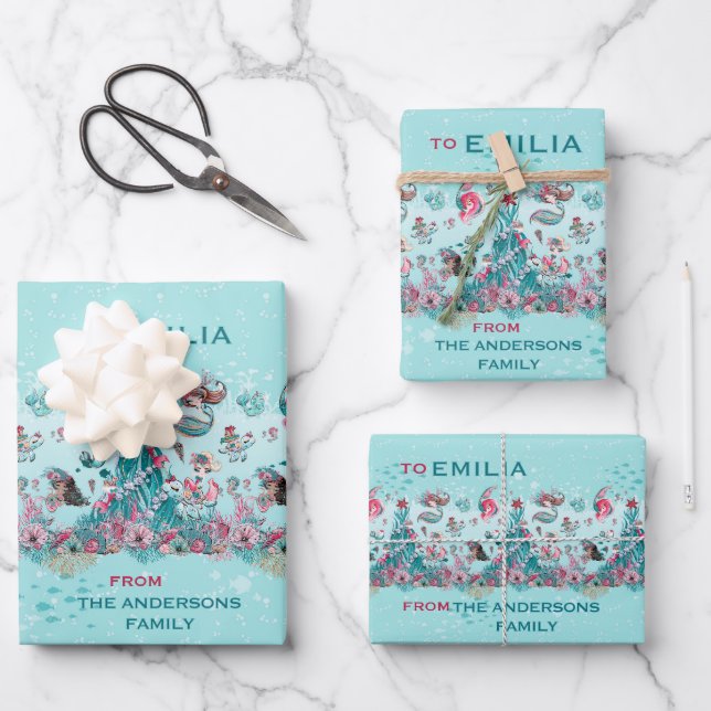 Personalised name Christmas Mermaid and Friends Wrapping Paper Sheet (Front)