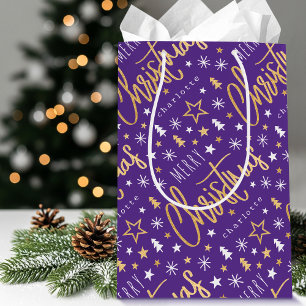 Personalised Name Christmas Purple Faux Gold Medium Gift Bag