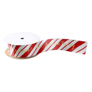Personalised Name Christmas Red Candy Cane Stripes Satin Ribbon
