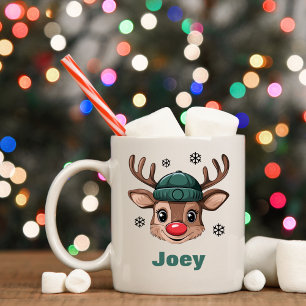 Personalised Name Christmas Reindeer Green Beanie Coffee Mug