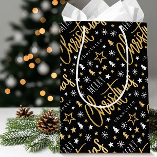 Personalised Name Christmas Script Black Faux Gold Medium Gift Bag