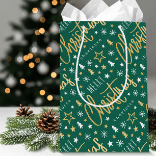 Personalised Name Christmas Script Green Faux Gold Medium Gift Bag