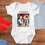 Personalised Name Christmas Snowman Family Picture Baby Bodysuit<br><div class="desc">A fun and festive design picturing a snowman with his family,  with winter gifts and Christmas tree. Cute and colourful,  the cheerful picture is sure to bring seasonal smiles. Personalise with a name across the top for an individual finishing touch.</div>