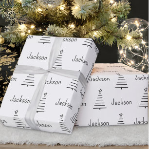 Personalised Name Christmas Tree Black & White Wrapping Paper