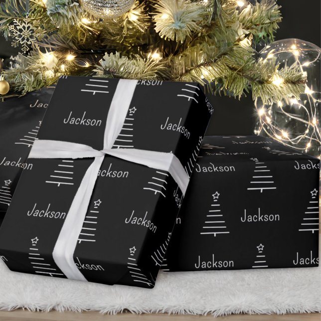 Personalised Name Christmas Tree Black & White Wrapping Paper (Creator Uploaded)