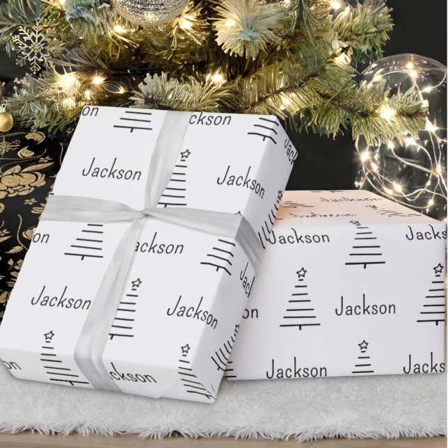 Personalised Name Christmas Tree Black & White Wrapping Paper (Creator Uploaded)