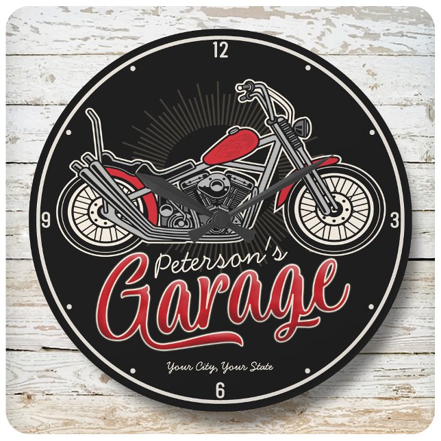 Personalised NAME Classic Biker Motorcycle Garage Large Clock (Creator Uploaded)