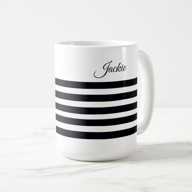 Personalised Name Classic Black & White Stripes Coffee Mug (Front Right)