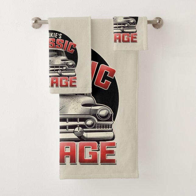 Personalised NAME Classic Car Garage Custom Shop Bath Towel Set (Insitu)
