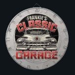 Personalised NAME Classic Car Garage Custom Shop Dartboard<br><div class="desc">Personalise this truly unique,  one-of-a-kind Retro Vintage American Classic Car Caddy Leadslead Custom Gift. Perfect addition to your retro man cave garage decor! Customise with your Name or Custom Text! The coolest vintage retro look around...  Rockabilly Hot Rod Hotrod Kustom Cruiser Lowrider</div>