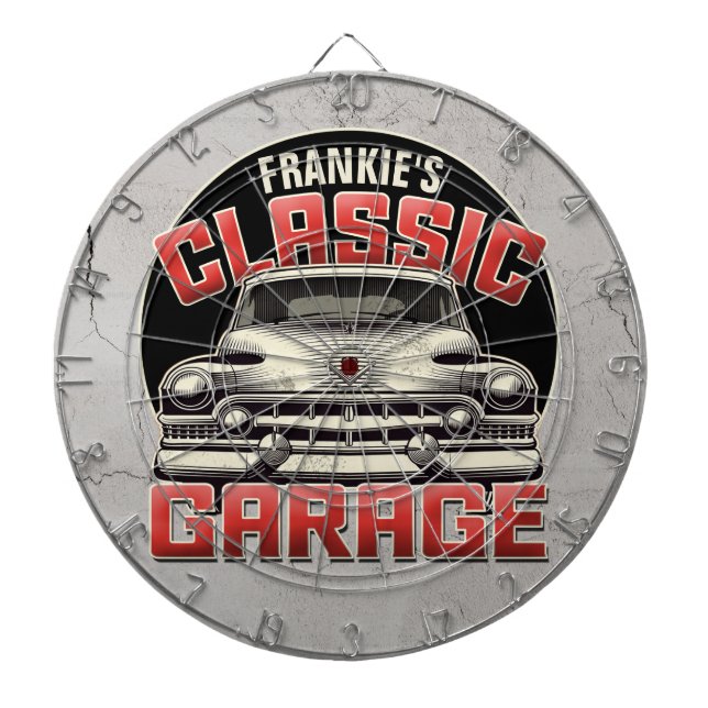 Personalised NAME Classic Car Garage Custom Shop Dartboard (Front)