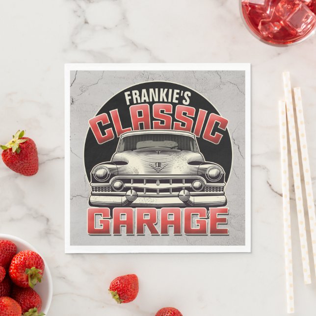 Personalised NAME Classic Car Garage Custom Shop Napkin (Insitu)