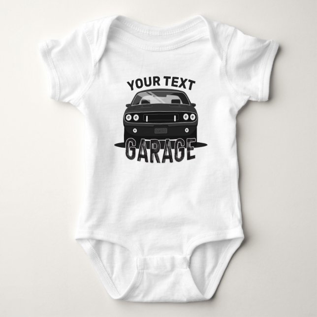 Personalised NAME Classic Muscle Car Garage Retro Baby Bodysuit (Front)