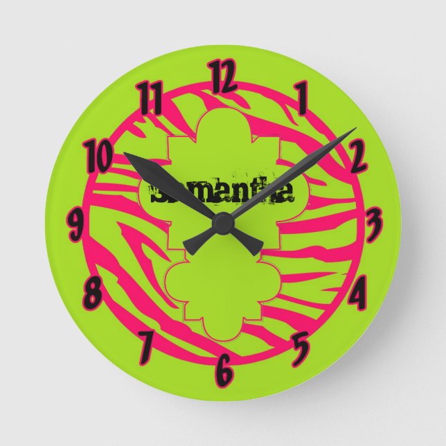 Personalised Name Clock Hot Pink Lime Zebra Print (Front)