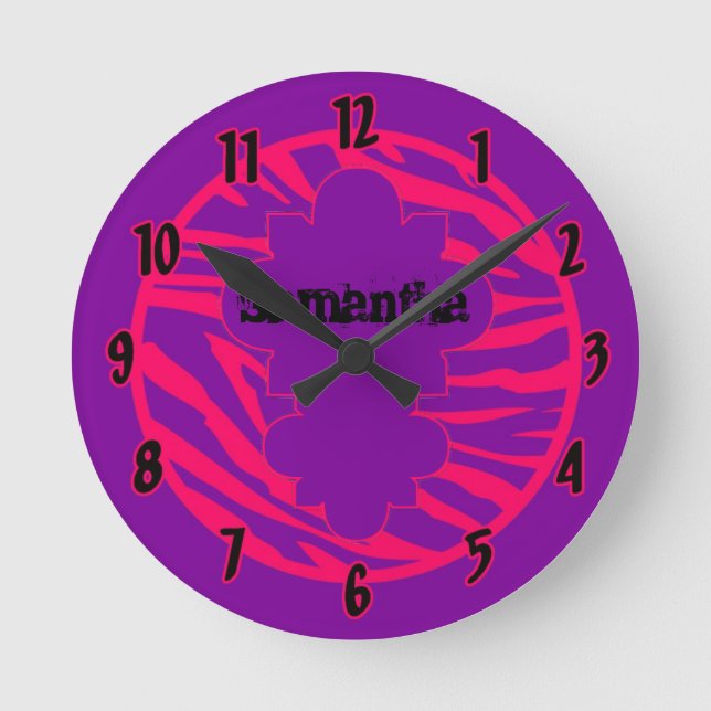 Personalised Name Clock Hot Pink Purple Zebra (Front)