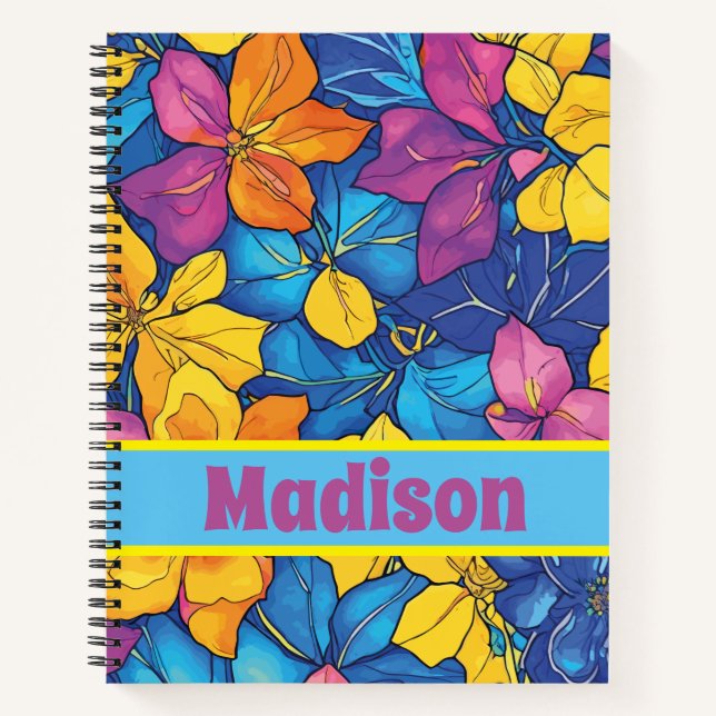 Personalised Name Colourful Floral Pattern Notebook (Front)