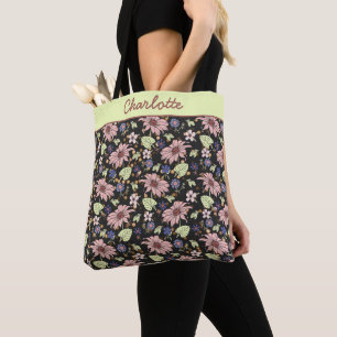 Personalised name colourful floral seamless patter tote bag