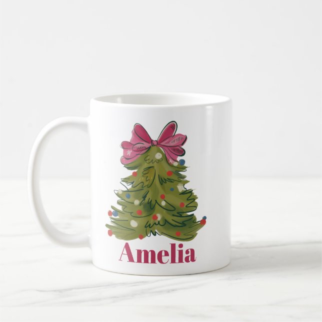 Personalised Name Coquette Christmas Tree Girly Coffee Mug (Left)