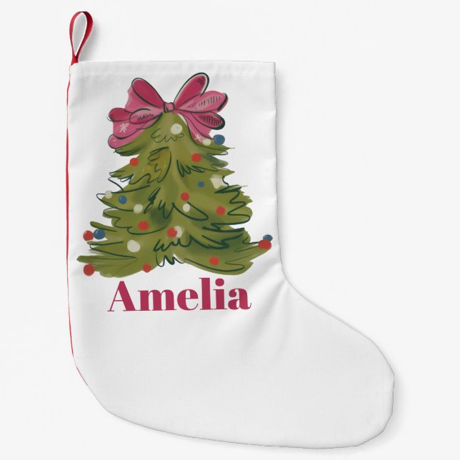 Personalised Name Coquette Christmas Tree Girly Small Christmas Stocking (Front)