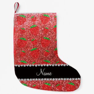 Personalised name coral pink glitter strawberry small christmas stocking