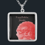 Personalised Name Coral Pink Rose 60th Birthday Silver Plated Necklace<br><div class="desc">This personalised name floral necklace is decorated with a photo of a beautiful coral pink rose on a black background. Easy to personalise or delete example name. What a wonderful birthday gift. Default text is for 60th birthday, but can easily be personalised for any name, event, or number of years....</div>