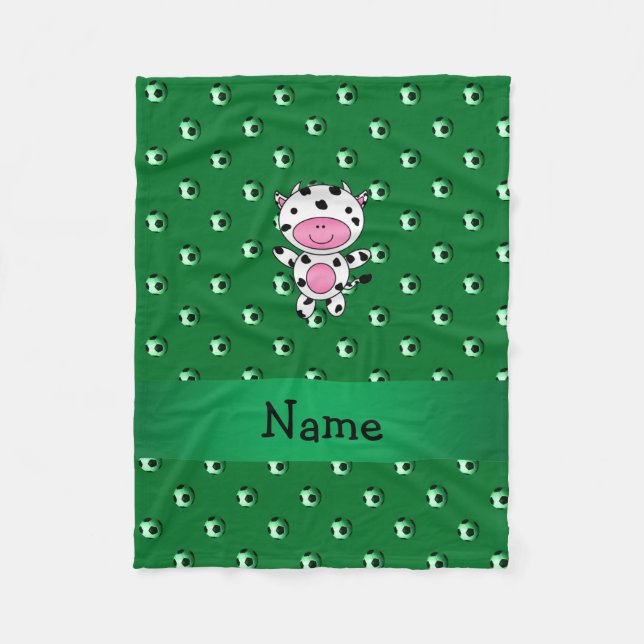 Personalised name cow green soccer balls fleece blanket (Front)