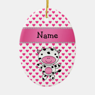 Personalised name cow pink hearts polka dots ceramic ornament