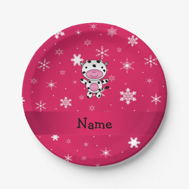 Personalised name cow pink snowflakes paper plate (Front)