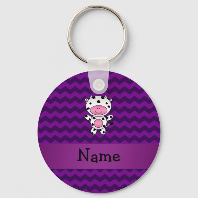 Personalised name cow purple chevrons key ring (Front)