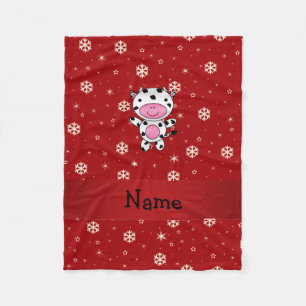 Personalised name cow red snowflakes fleece blanket