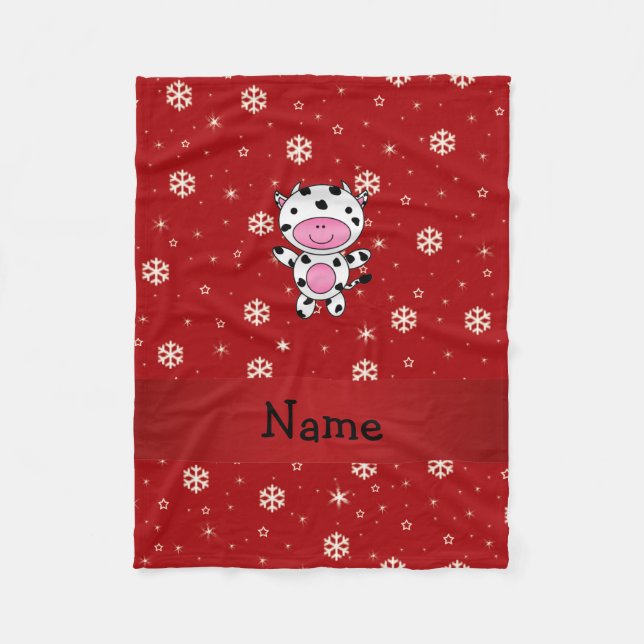 Personalised name cow red snowflakes fleece blanket (Front)