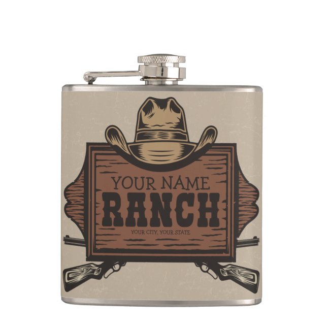 Personalised NAME Cowboy Guns Western Ranch Sign Hip Flask (Front)