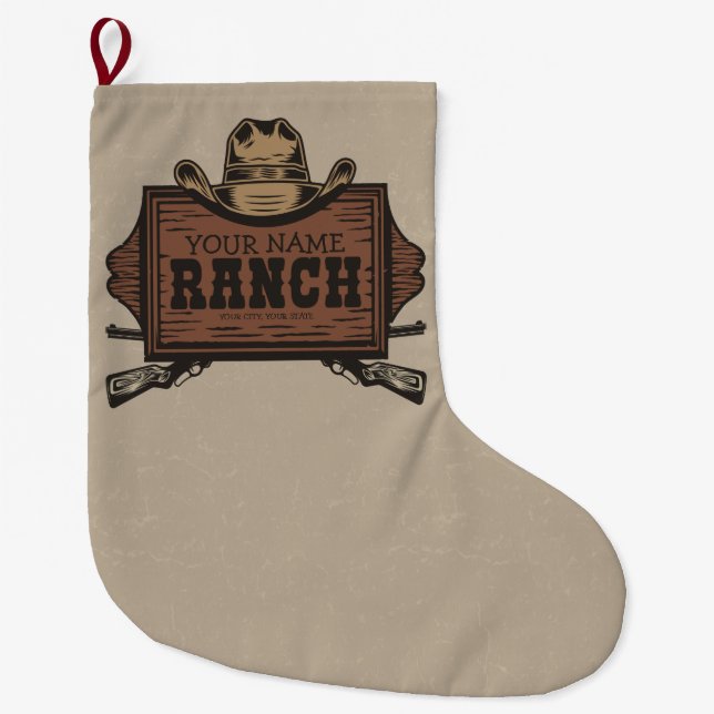 Personalised NAME Cowboy Guns Western Ranch Sign Large Christmas Stocking (Front)