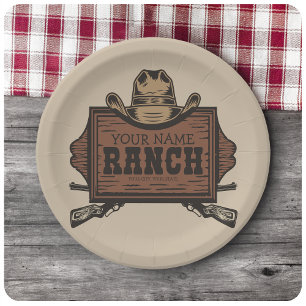 Personalised NAME Cowboy Guns Western Ranch Sign Paper Plate