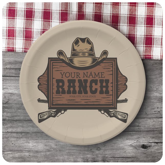Personalised NAME Cowboy Guns Western Ranch Sign Paper Plate (Creator Uploaded)