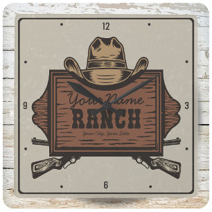Personalised NAME Cowboy Guns Western Ranch Sign Square Wall Clock
