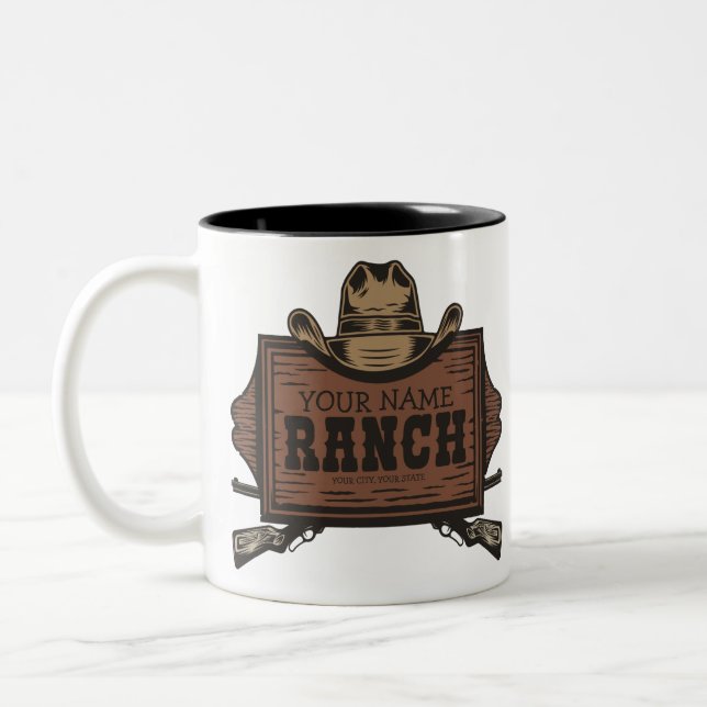Personalised NAME Cowboy Guns Western Ranch Sign Two-Tone Coffee Mug (Left)