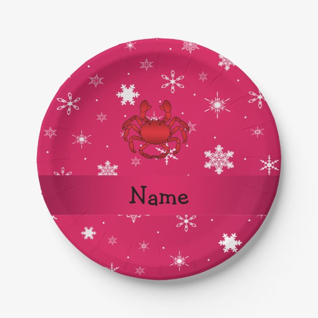 Personalised name crab pink snowflakes paper plate (Front)