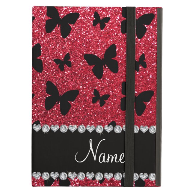 Personalised name crimson red glitter butterflies iPad air cover (Front Closed)
