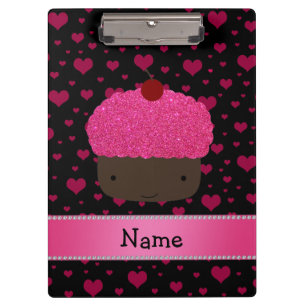 Personalised name cupcake pink hearts on black clipboard