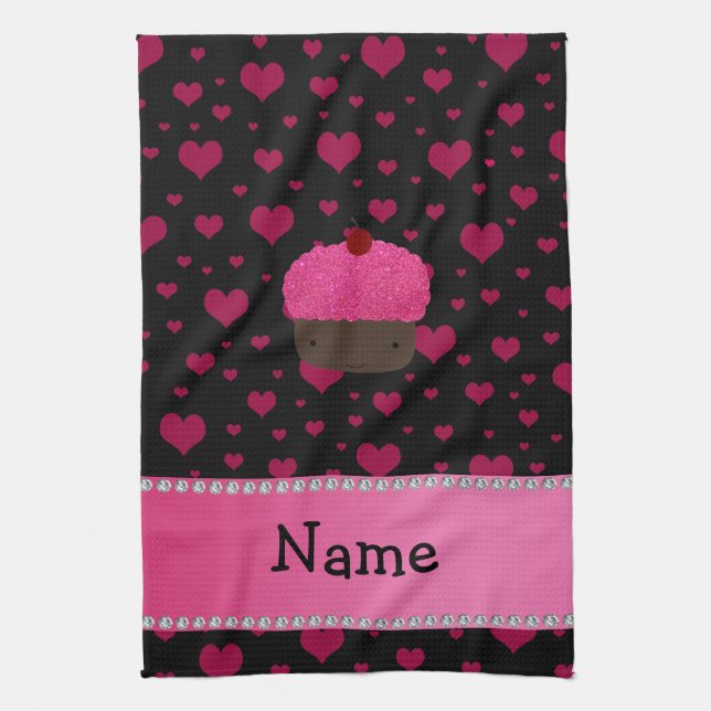 Personalised name cupcake pink hearts on black tea towel (Vertical)