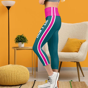 Personalised Name Custom White Hot Pink Dark Teal Capri Leggings
