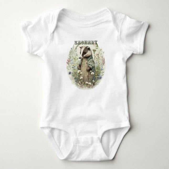 Personalised Name Cute Badger Baby Bodysuit (Front)