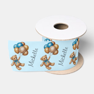 Personalised Name Cute Bear Gold Blue Balloons Satin Ribbon