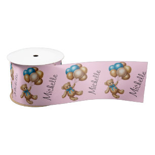 Personalised Name Cute Bear Gold Blue Balloons Satin Ribbon