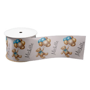 Personalised Name Cute Bear Gold Blue Balloons Satin Ribbon