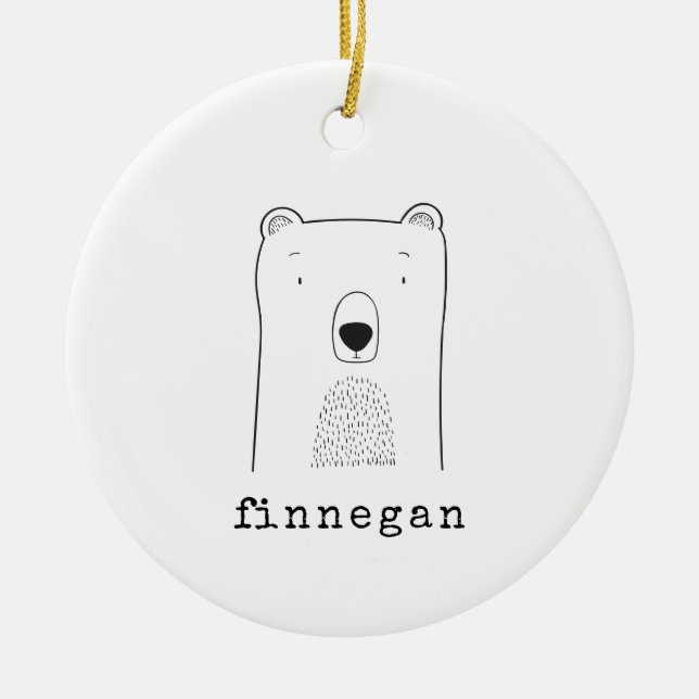 Personalised Name Cute Bear Line Art Christmas Ceramic Ornament (Front)