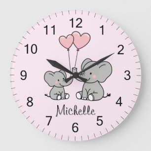 Personalised name Cute Elephant Mum & Baby Pink Large Clock