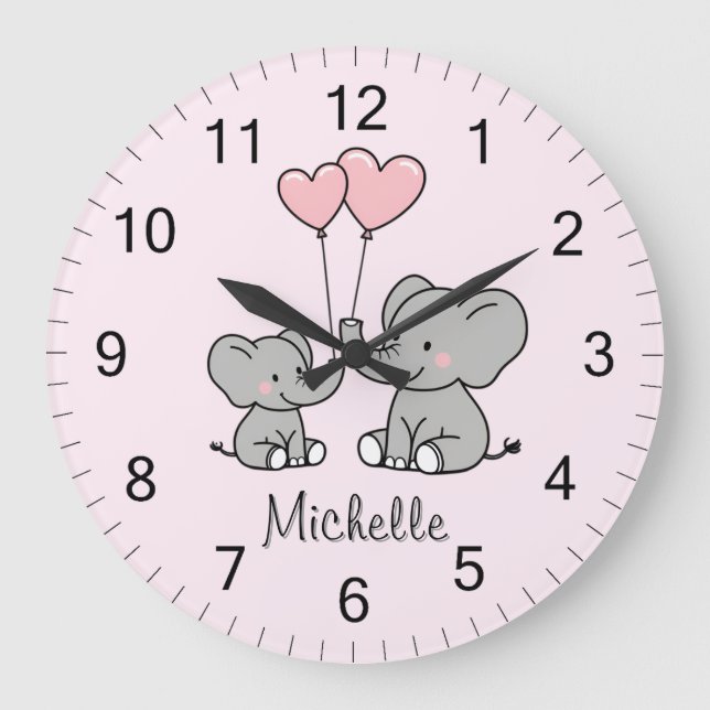 Personalised name Cute Elephant Mum & Baby Pink    Large Clock (Front)