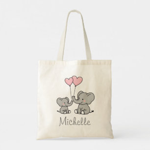 Personalised name Cute Elephant Mum & Baby Pink Tote Bag